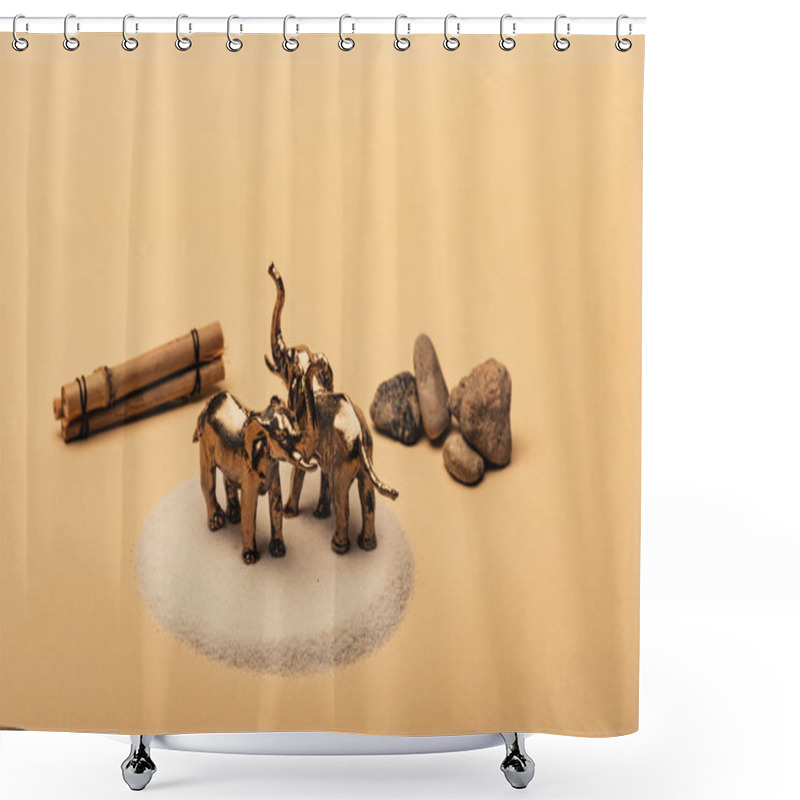 Personality  Toy Elephants On Sand With Stones And Wooden Sticks On Yellow Background, Animal Welfare Concept Shower Curtains