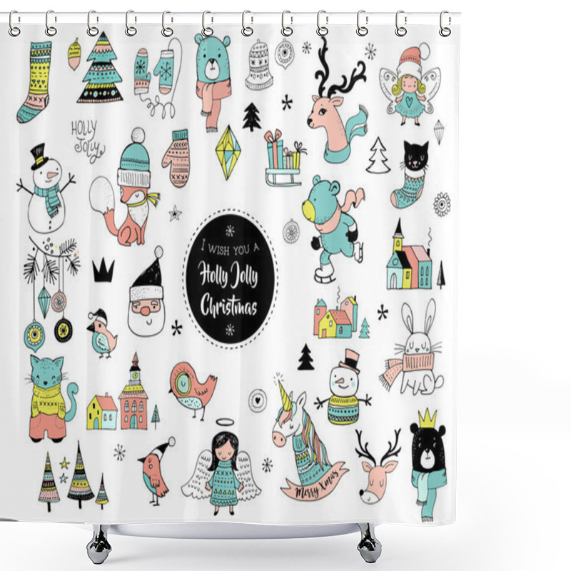 Personality  Christmas Hand Drawn Cute Doodles, Stickers, Illustrations And Elements Shower Curtains