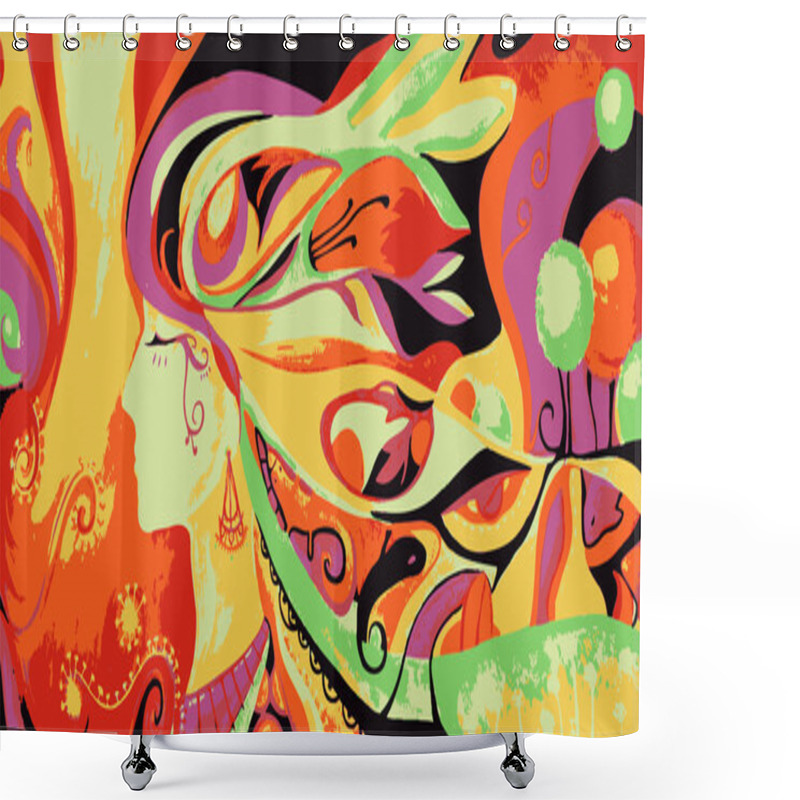 Personality  Drawing Beautiful Woman Face On Abstract Floral Background. Vector Illustration Shower Curtains