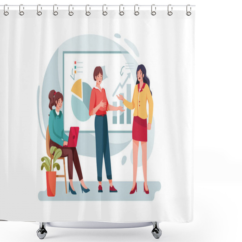 Personality  Group Of Analysts Working On Graphs Vector Illustration Concept. Flat Illustration Isolated On White Background. Shower Curtains