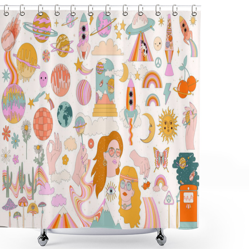 Personality  Collection Of Retro Space Elements With Hippie Girl, Pop Art, 70s Elements, Psychedelic Illustration. Editable Vector Illustration Shower Curtains