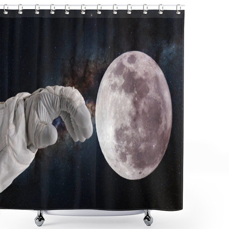 Personality  Development Of Moon, Concept. Hand Of Astronaut Astronaut Pulls His Hand To The Moon. Shower Curtains