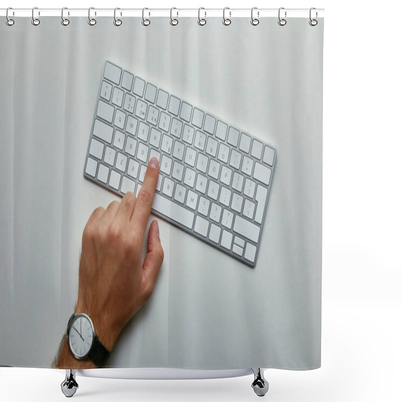 Personality  Cropped View Of Man Pushing Button On Computer Keyboard On Grey Background  Shower Curtains