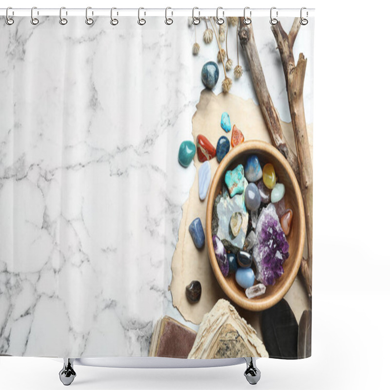 Personality  Flat Lay Composition With Different Gemstones On White Marble Background. Space For Text Shower Curtains