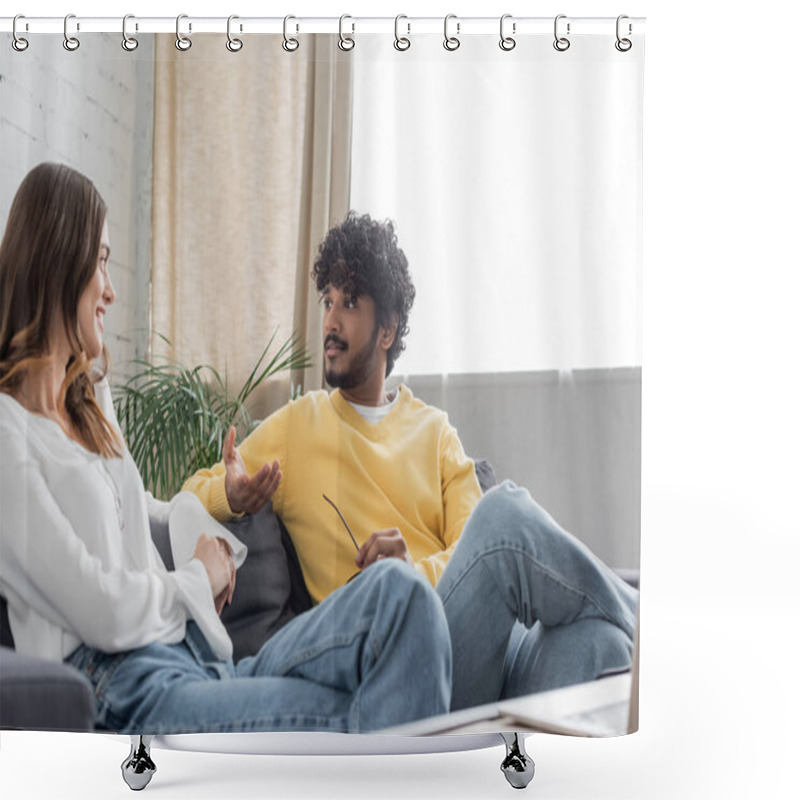 Personality  Bearded And Curly Indian Radio Host In Yellow Jumper Sitting On Couch And Talking To Charming And Positive Colleague In White Blouse While Recording Podcast In Studio Shower Curtains