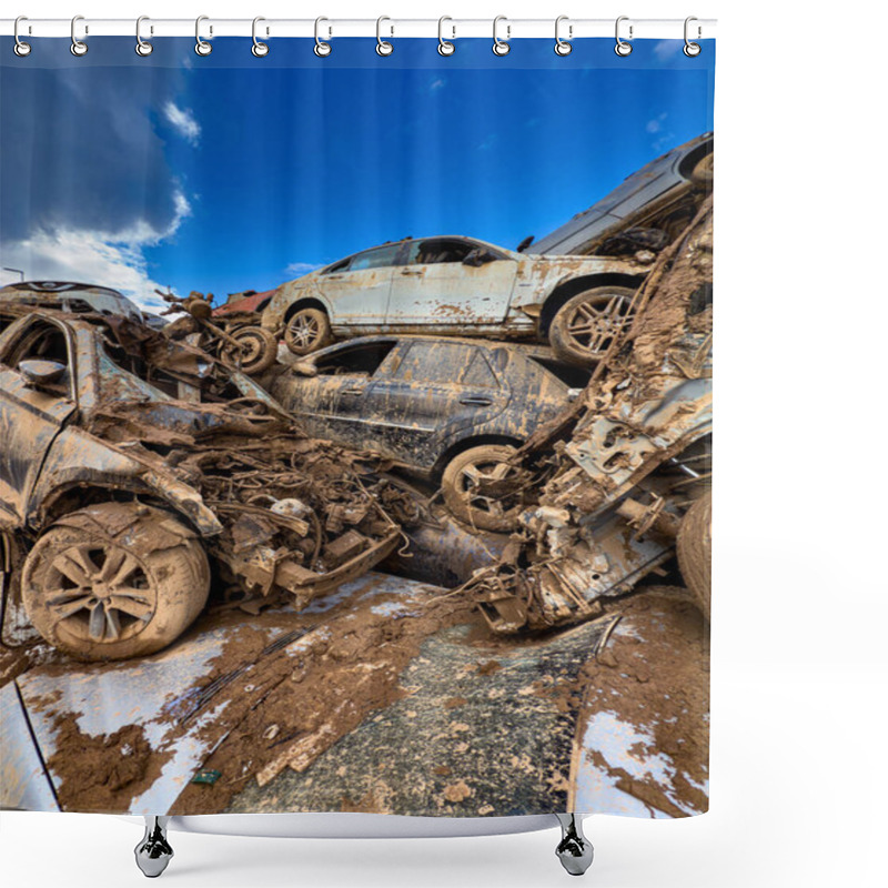 Personality  CATARROJA, VALENCIA SPAIN - DECEMBER 4 2024: After The Dana Floods In Valencia Province On October 29th 2024 Left Massive Wrecked Cars, Impacting Countless Families, Claiming Over 200 Human Lives. Shower Curtains