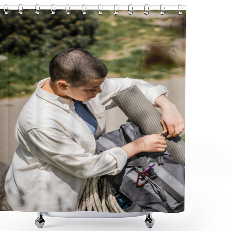 Personality  Young Short Haired Female Hiker In Casual Shirt Attaching Fitness Mat On Backpack With Travel Equipment With Blurred Nature At Background, Wanderlust Vibes Concept, Translation Of Tattoo: Love Shower Curtains