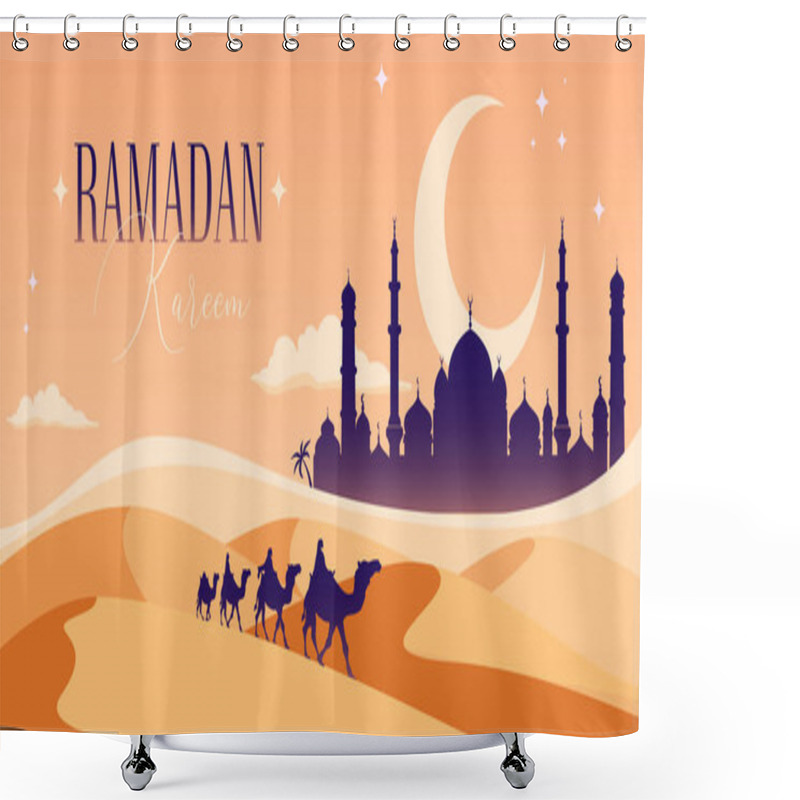 Personality  Arabian Landscape Illustration, Camel Caravan Crossing Desert Nearby Silhouette Of Mosque Under The Starry Sky And Crescent Moon. Ramadan Kareem Vector Illustration. Shower Curtains