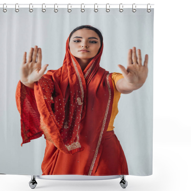 Personality  Selective Focus Of Indian Woman Showing Stop Sign Isolated On Grey Shower Curtains