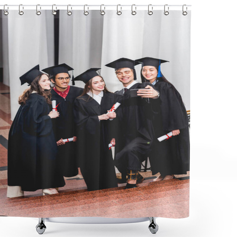 Personality  Happy Students In Graduation Gowns Taking Selfie And Smiling While Holding Diplomas  Shower Curtains