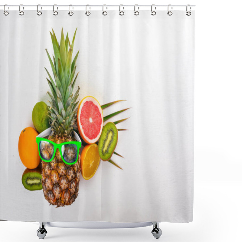 Personality  Fresh Tropical Fruits. Coconut, Pineapple, Kiwi And Grapefruit. On A Wooden Background. Top View. Free Space For Text. Shower Curtains