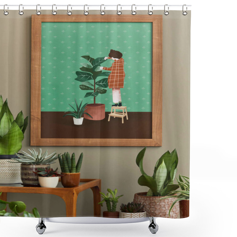 Personality  Stylish Botany Composition Of Home Garden Interior With Wooden Mock Up Poster Frame, Filled A Lot Of Beautiful House Plants, Cacti, Succulents In Different Design Pots And Floral Accessories. Template Shower Curtains