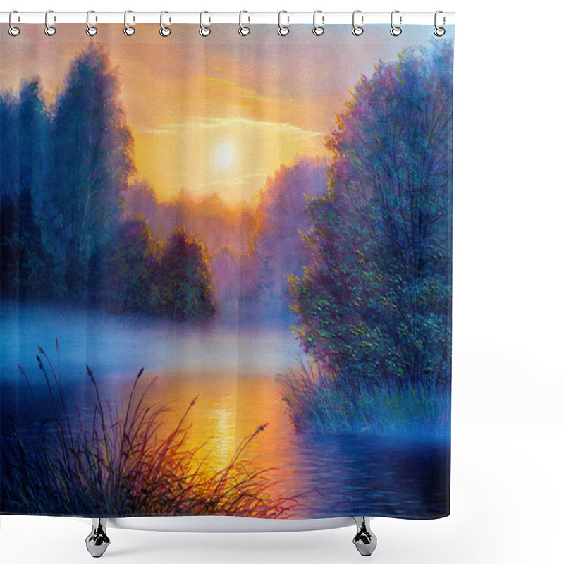 Personality  Morning Landscape With Tree And River.  Shower Curtains