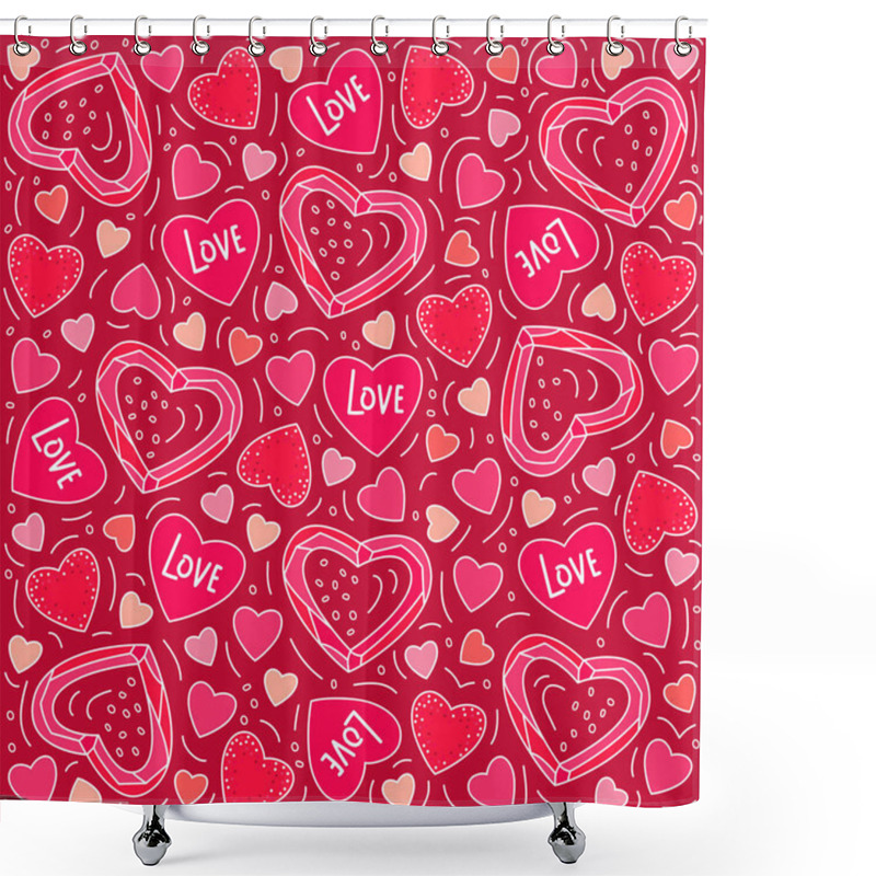 Personality  Vector Illustration In Doodle Style. Pink Heart Pattern On A Red Background. For Congratulations, For Postcards, For Printing, For A Loved One. Shower Curtains