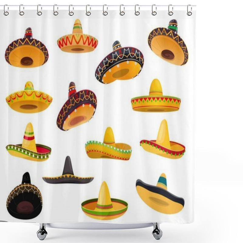 Personality  Mexican Sombrero Hat Isolated Objects Of Vector Fiesta Party And Cinco De Mayo Holiday Design. Mariachi Musician Or Charro Cowboy Cartoon Sombrero Hats, Decorated With Ethnic Ornaments, Ball Fringes Shower Curtains