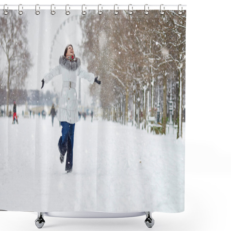 Personality  Girl Enjoying Rare Snowy Winter Day In Paris Shower Curtains