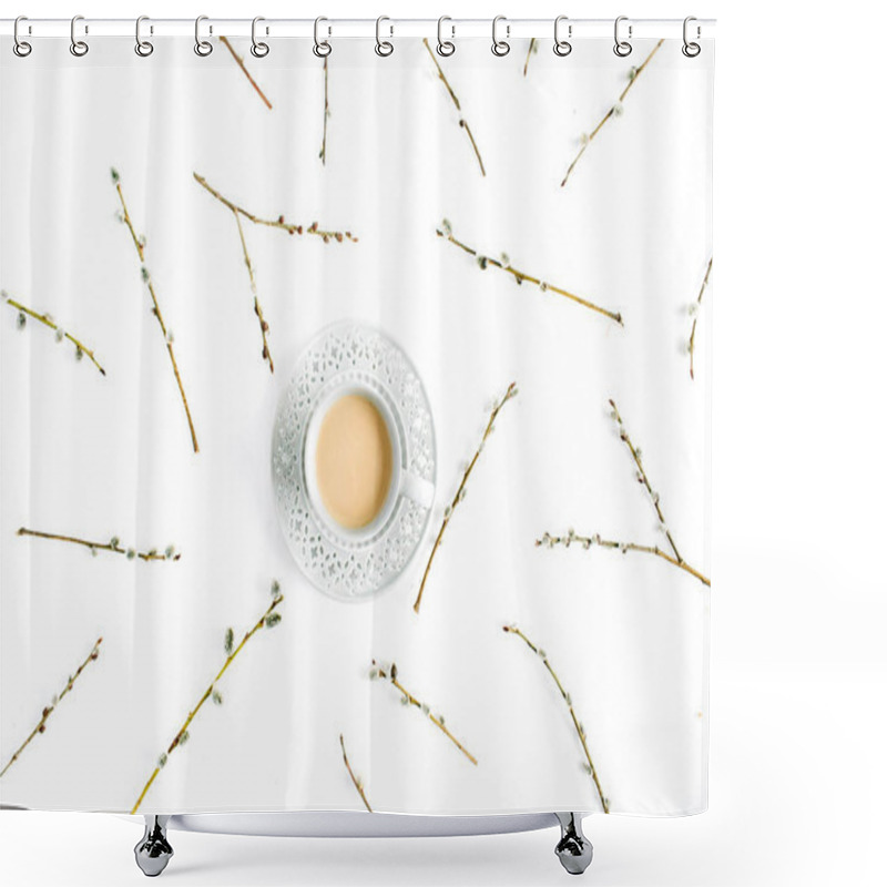 Personality  Cup Of Coffee With Milk And Willow Branches Pattern On White Background. Flat Lay, Top View. Shower Curtains