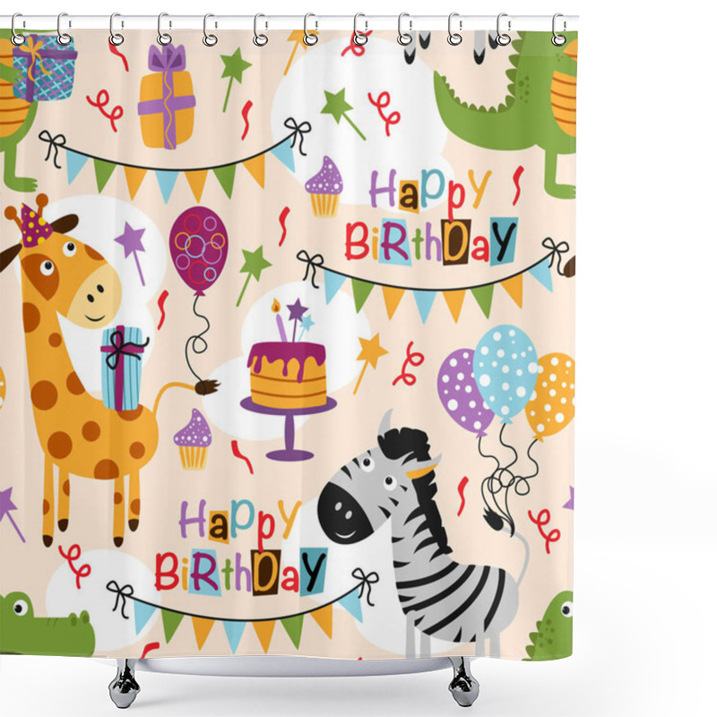 Personality  Seamless Pattern With Giraffe Zebra Crocodile Happy Birthday - Vector Illustration, Eps Shower Curtains