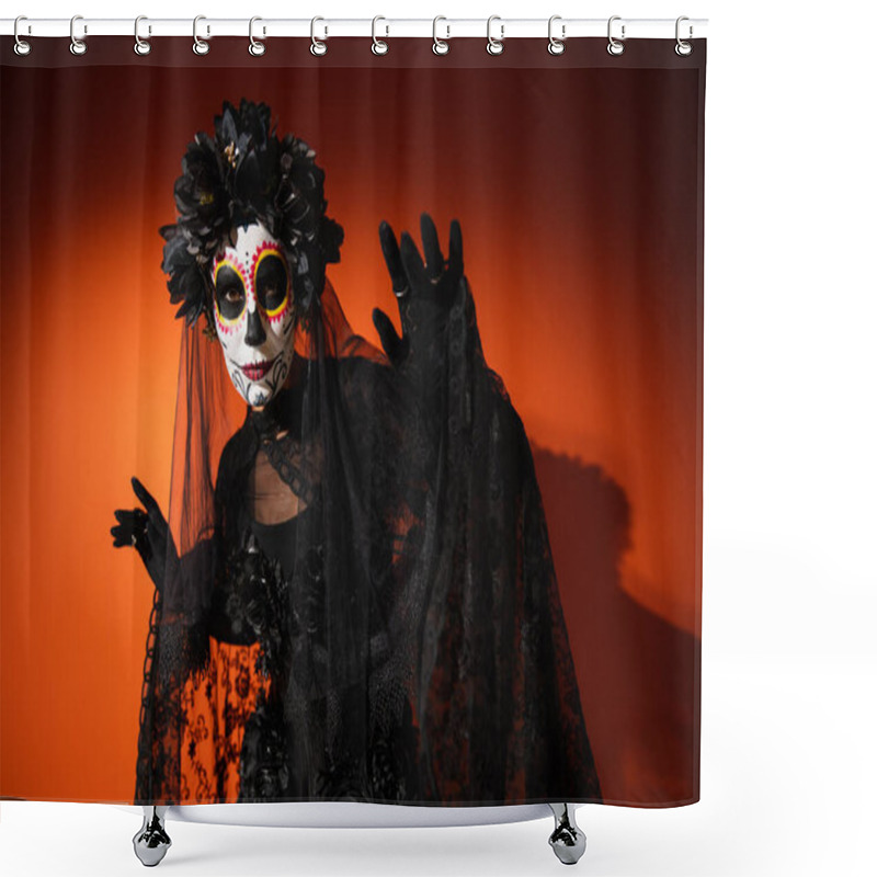 Personality  Woman In Creepy Santa Muerte Costume And Wreath Looking At Camera On Red Background  Shower Curtains