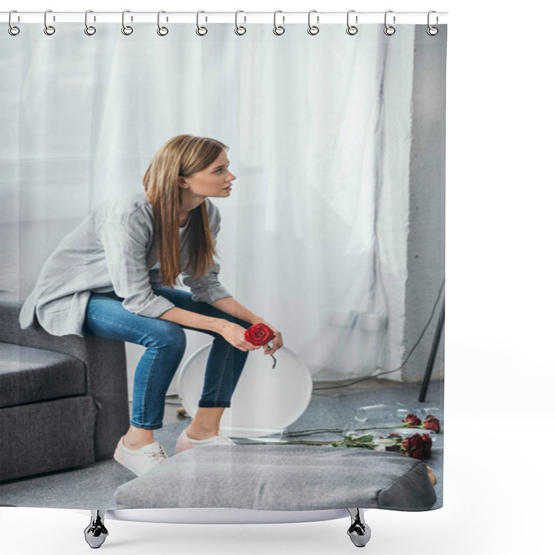 Personality  Attractive Woman Sitting On Sofa And Holding Rose In Robbed Apartment  Shower Curtains