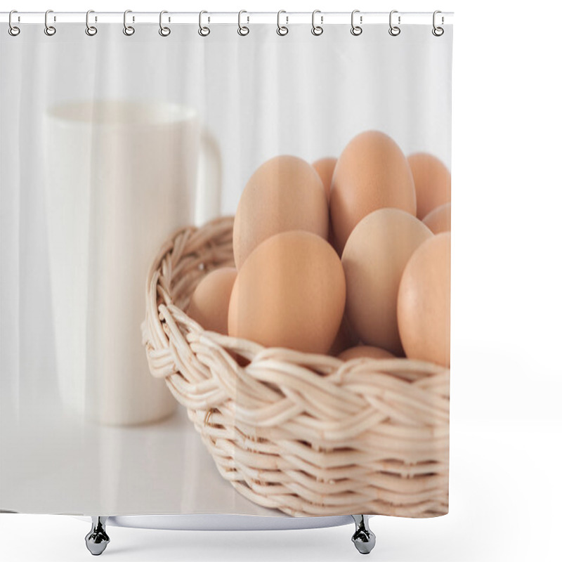 Personality  Eggs In The Brown Basket And A Cup Of Milk Shower Curtains