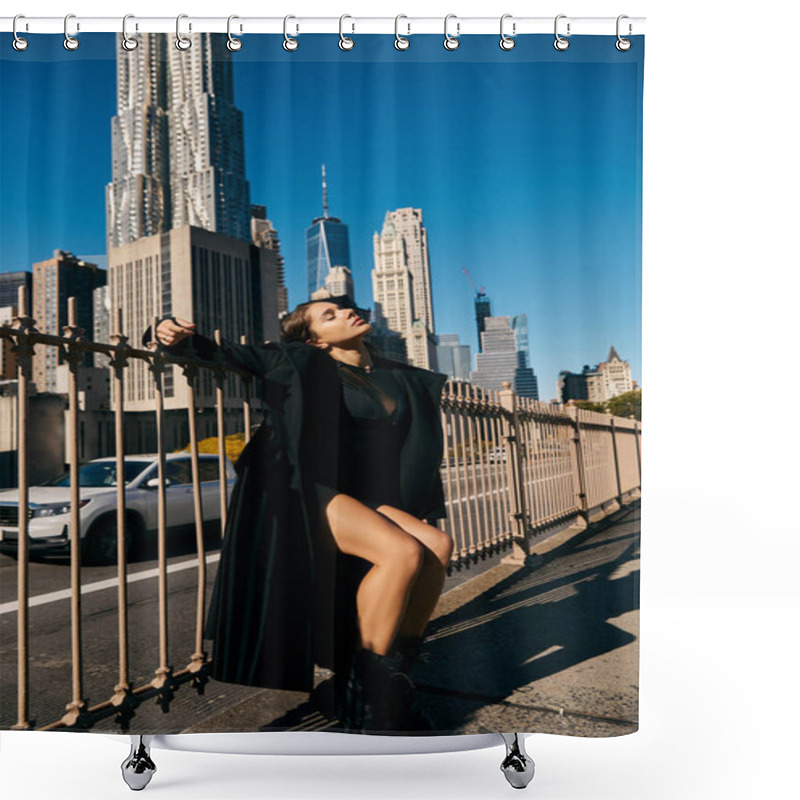 Personality  A Young Woman Dances Freely On A New York City Street, Surrounded By Towering Skyscrapers. Shower Curtains