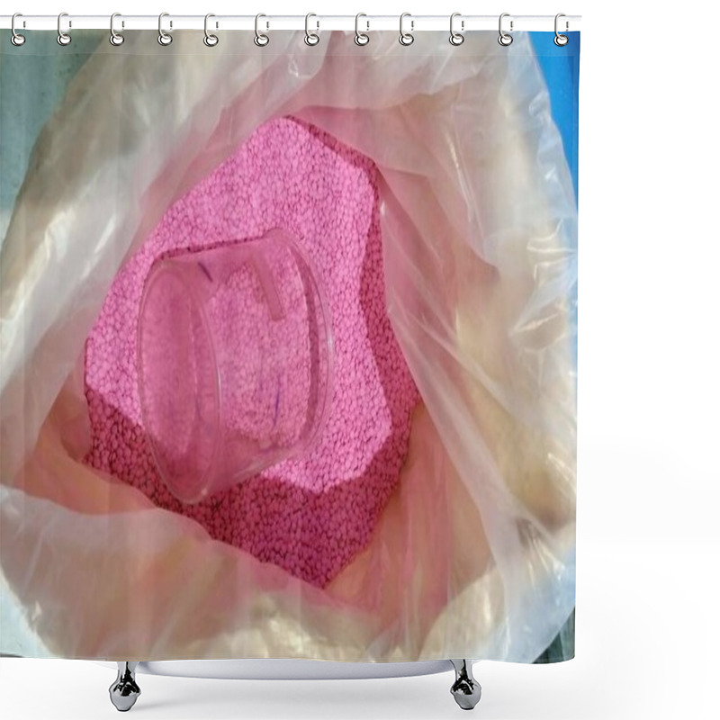 Personality  A Glass Jar On A Pink Plastic Pellets Bag For Produce A Phonograph Disk Record.  Shower Curtains