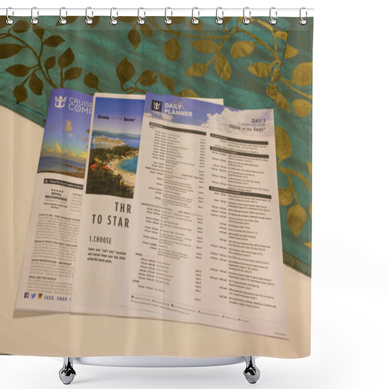 Personality  Cape Canaveral, USA - APRIL 29, 2018: The Daily Planner And Cruise Compass Newspapers At Cruise Ship Oasis Of The Seas Shower Curtains