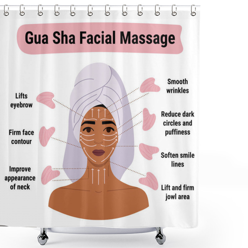 Personality  How To Do Gua Sha Massage Infographic. Facial Massage Direction Scheme. Portrait Of Young African Woman In Towel On Head With Rose Quartz Gua Sha Scraper. Hand Drawn Vector Illustration.  Shower Curtains