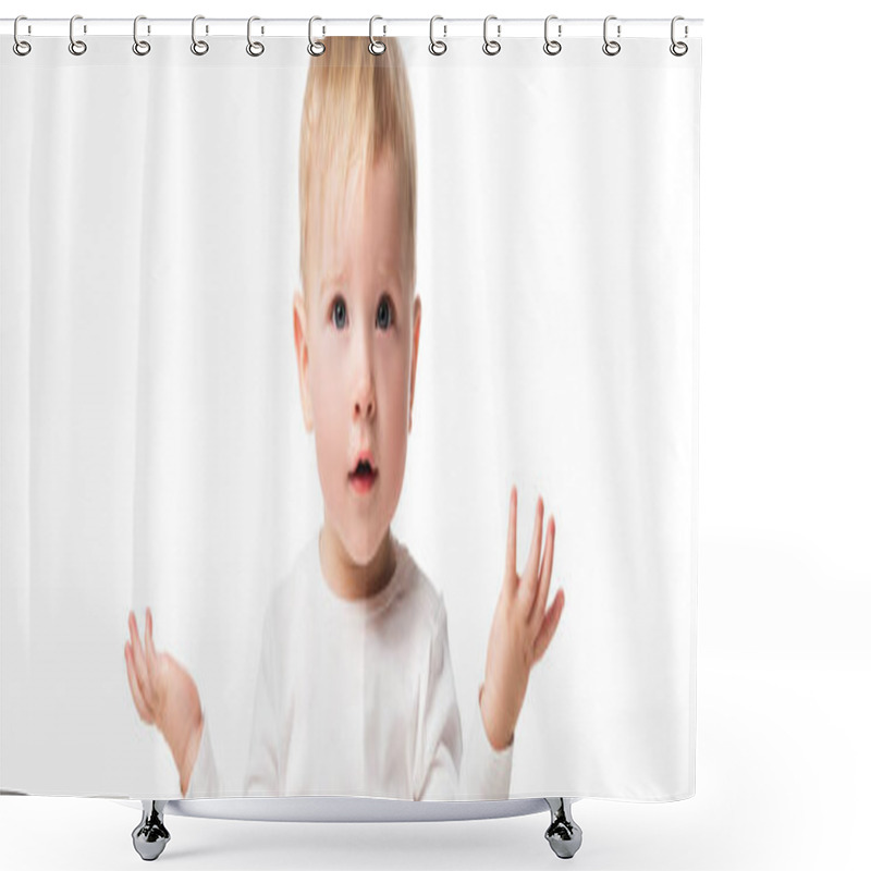 Personality  Cute Child Spreading Hands To Sides Isolated On White, Panoramic Shot Shower Curtains