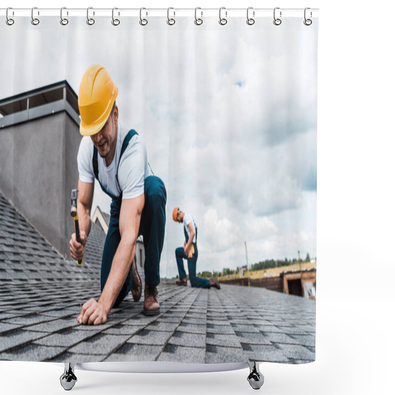 Personality  Selective Focus Of Handyman Holding Hammer While Repairing Roof Near Coworker  Shower Curtains