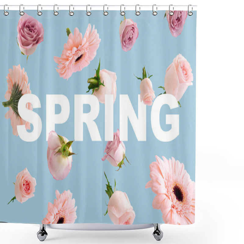 Personality  Creative Easter Arrangement Made With Various Flying Or Levitate Flowers And Leaves On Bright Blue Background With Spring Word. Minimal Pastel Bold Concept. Shower Curtains