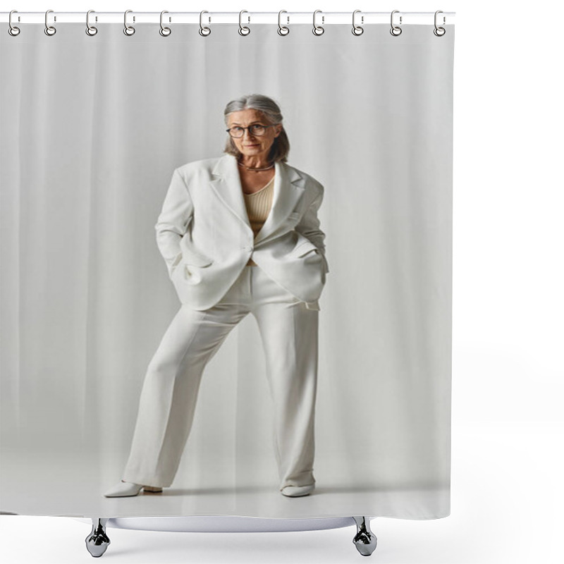 Personality  A Mature Woman With Grey Hair Showcases Her Elegance In A Chic White Suit On A Muted Grey Background. Shower Curtains