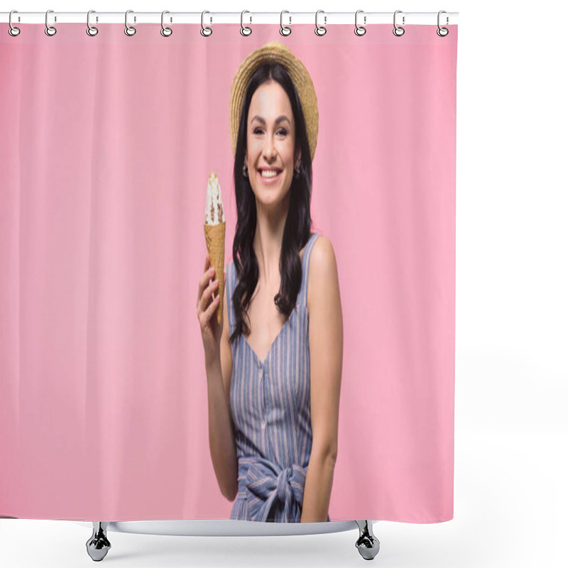 Personality  Smiling Woman In Straw Hat Holding Ice Cream Isolated On Pink  Shower Curtains