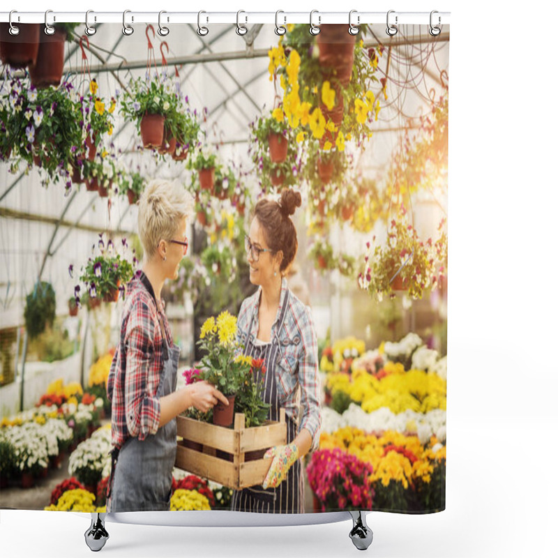 Personality  Two Beautiful Young Female Professional Gardeners Working In Modern Greenhouse  Shower Curtains