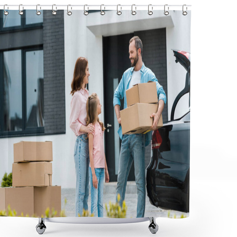 Personality  Happy Woman And Kid Looking At Bearded Man With Boxes Shower Curtains