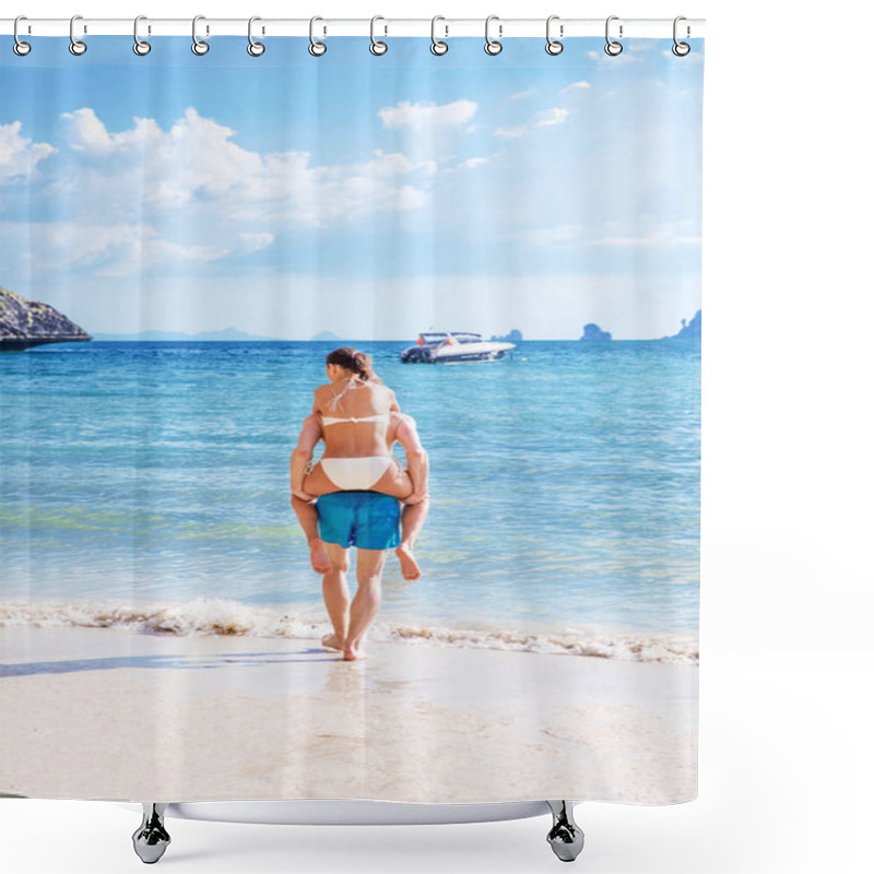 Personality  Happy Couple In Love Boyfriend Carrying His Girlfriend In Sea On A Tropic Beach From The Back Shower Curtains