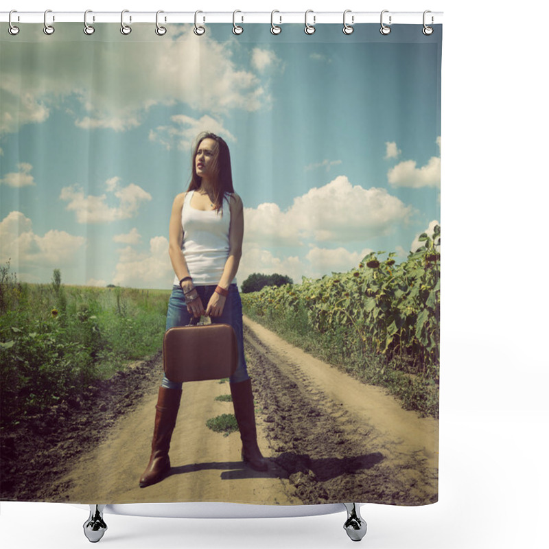 Personality  Young Woman With Retro Suitcase Shower Curtains