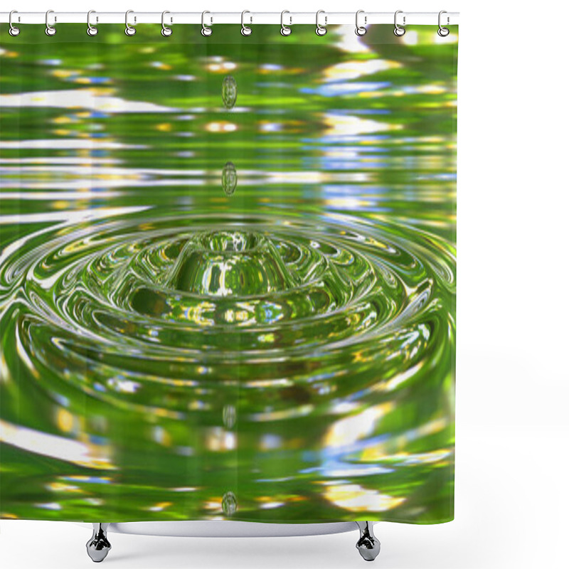 Personality  Drops Of Water Fall Into The Water And Create Waves With The Reflection Of Green Vegetation, 3d Illustration Shower Curtains