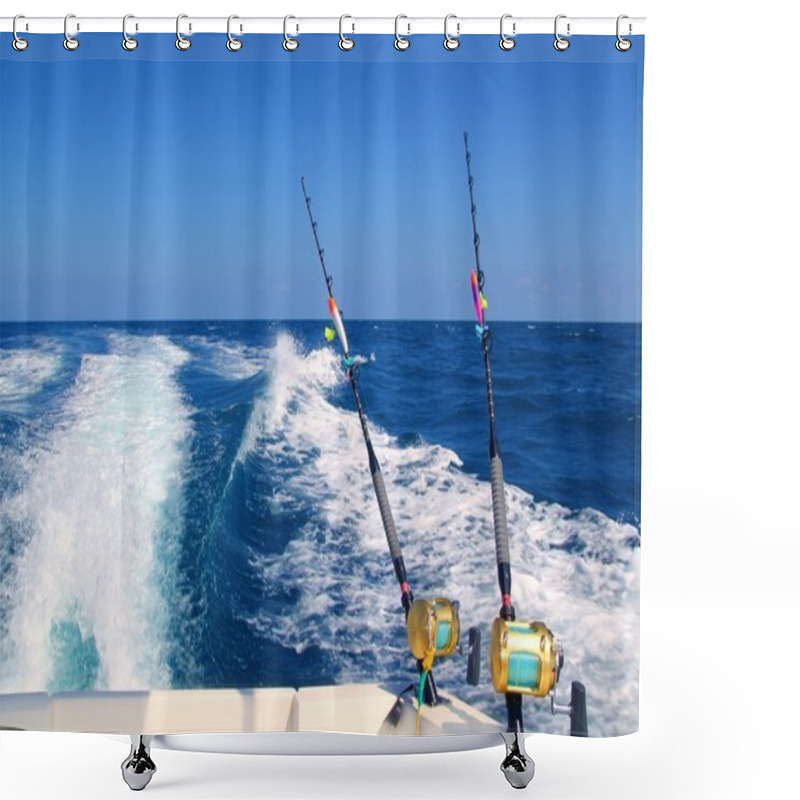 Personality  Trolling Fishing Boat Rod And Golden Saltwater Reels Shower Curtains