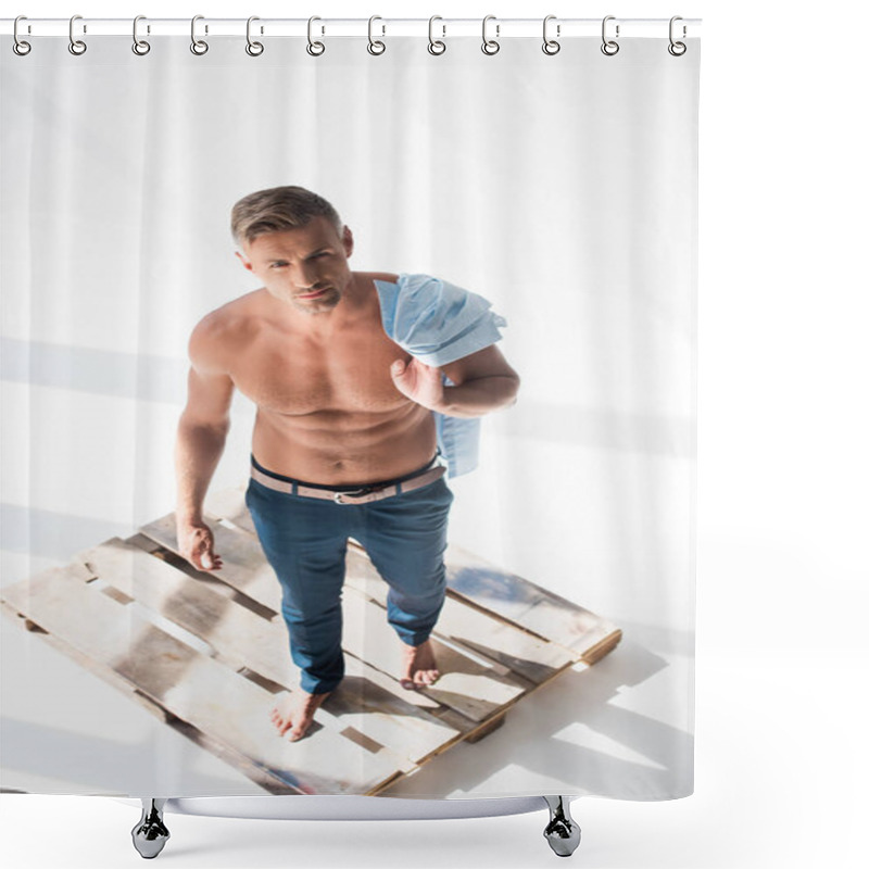 Personality  High Angle View Of Shirtless Handsome Adult Man Standing On Pallet On White And Looking At Camera Shower Curtains