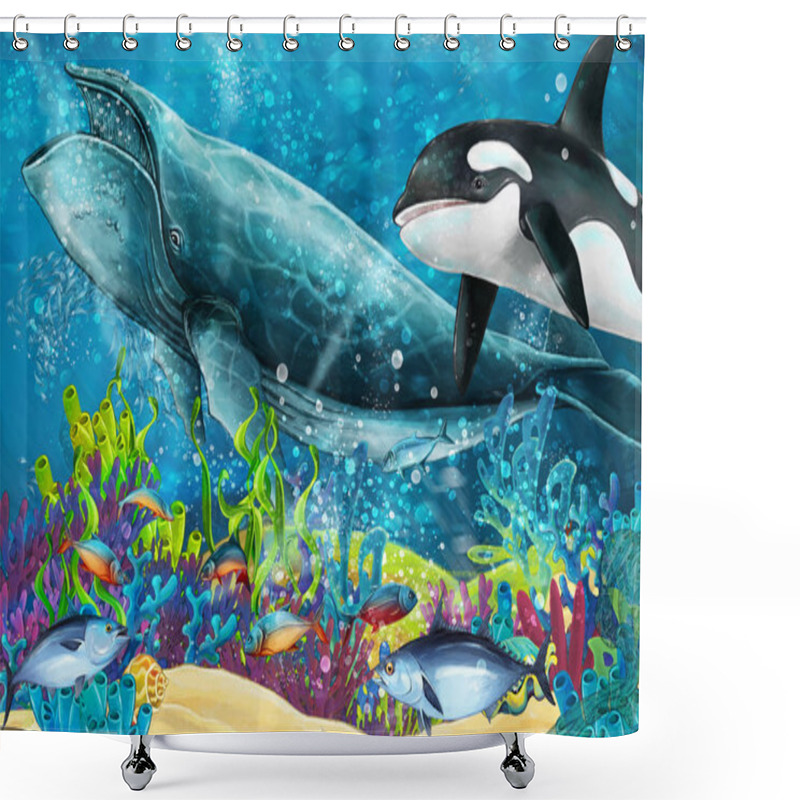 Personality  Cartoon Scene With Whale And Killer Whale Near Coral Reef - Illustration For Children Shower Curtains