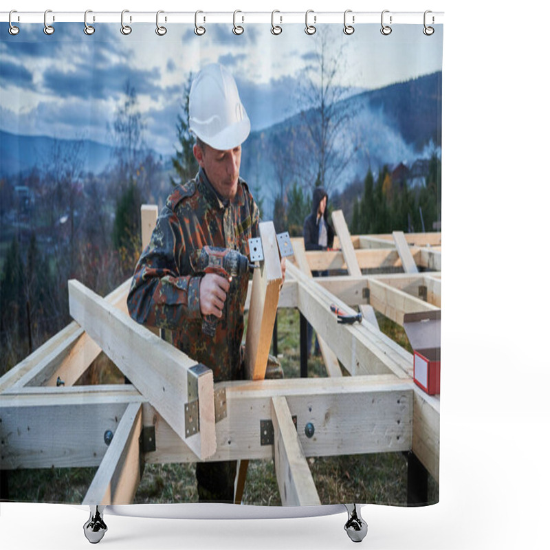 Personality  Man Worker Building Wooden Frame House On Pile Foundation. Carpenter Installing Furniture For Wooden Planks, Using Hammer And Screwdriver. Carpentry Concept. Shower Curtains