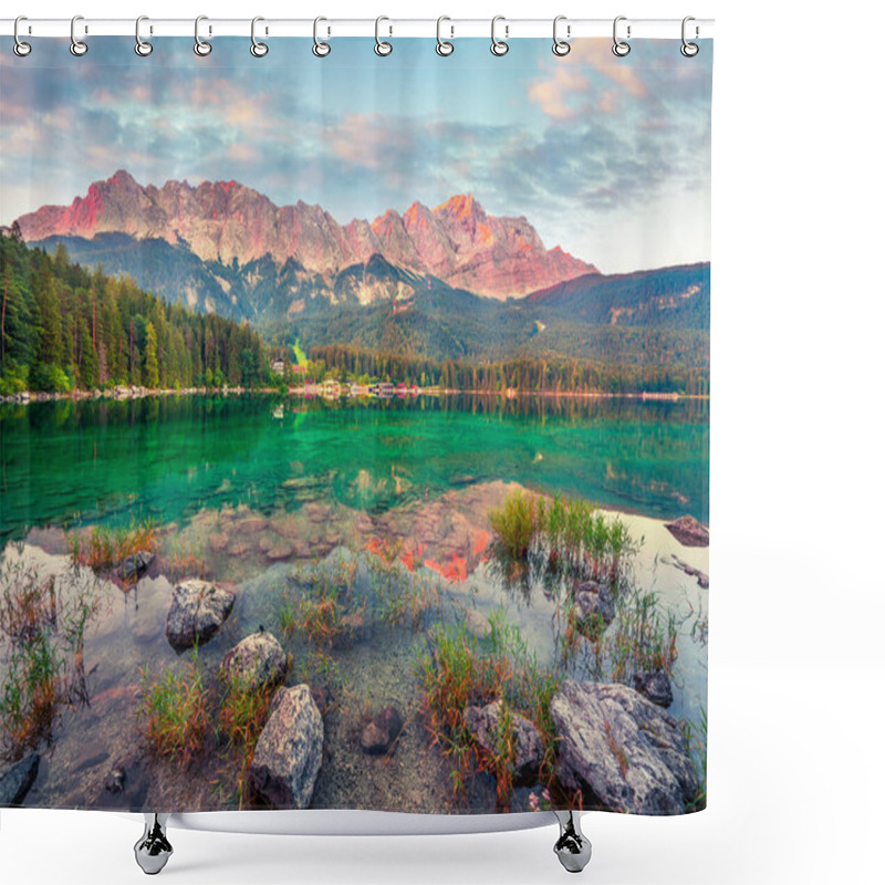 Personality  Colorful Summer Sunrise On The Eibsee Lake With Zugspitze Mountain Range. Splendid Outdoor Scene In German Alps, Bavaria, Garmisch-Partenkirchen Village Location, Germany, Europe. Artistic Style Post Processed Photo. Shower Curtains