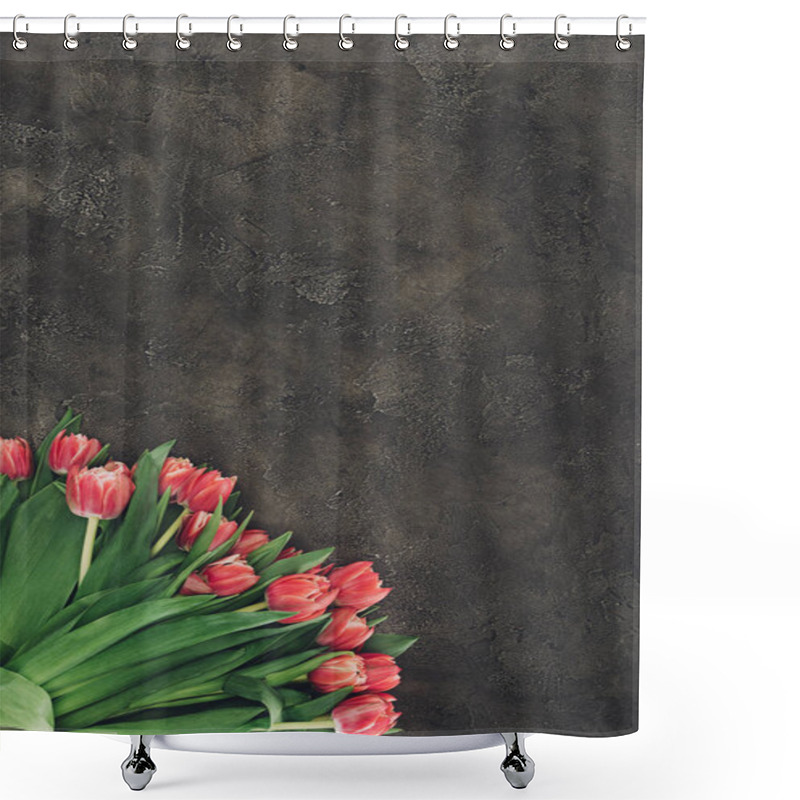 Personality  Top View Of Beautiful Red Tulip Flowers On Dark Surface With Copy Space  Shower Curtains