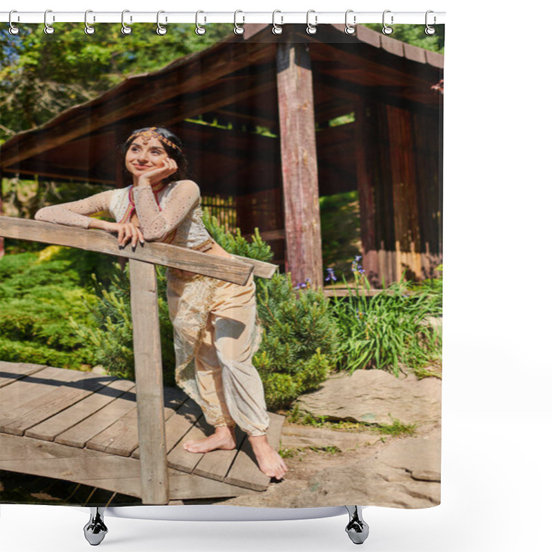 Personality  Happy And Dreamy Indian Woman In Traditional Attire Looking Away On Wooden Bridge In Summer Park Shower Curtains