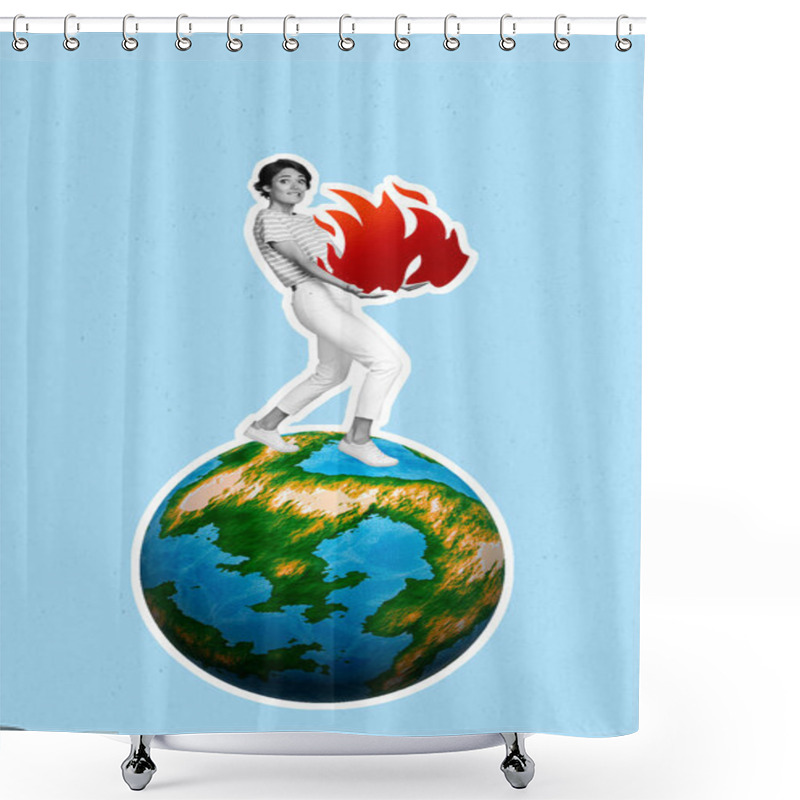 Personality  Creative Trend Collage Of Young Lady Activist Walk Earth Planet Hold Heat Flame Try Stop Ecological Disaster Global Warming. Shower Curtains