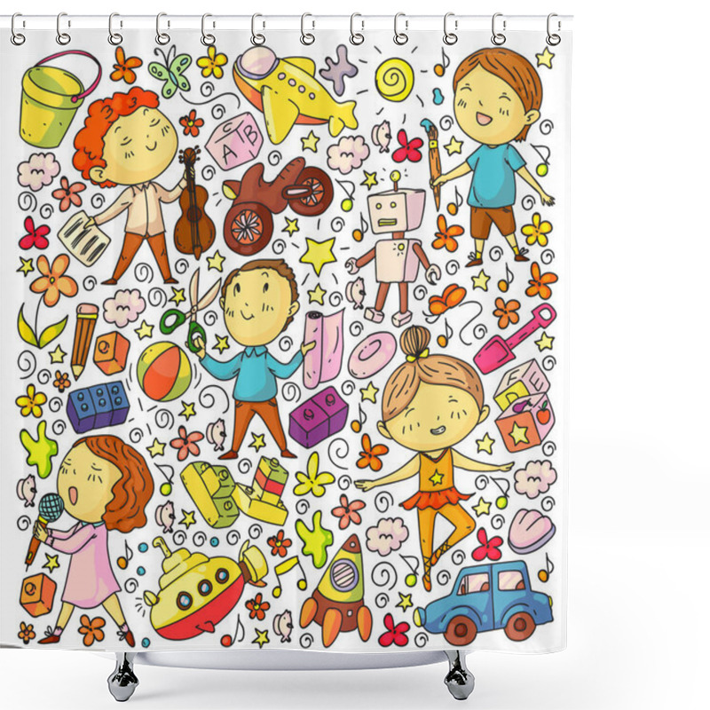 Personality  Painted By Hand Style Seamless Pattern On The Theme Of Childhood. Vector Illustration For Children Design. Shower Curtains