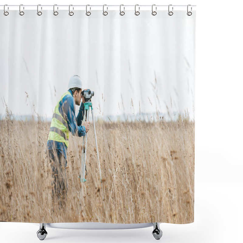 Personality  Side View Of Surveyor With Digital Level Measuring Field Shower Curtains