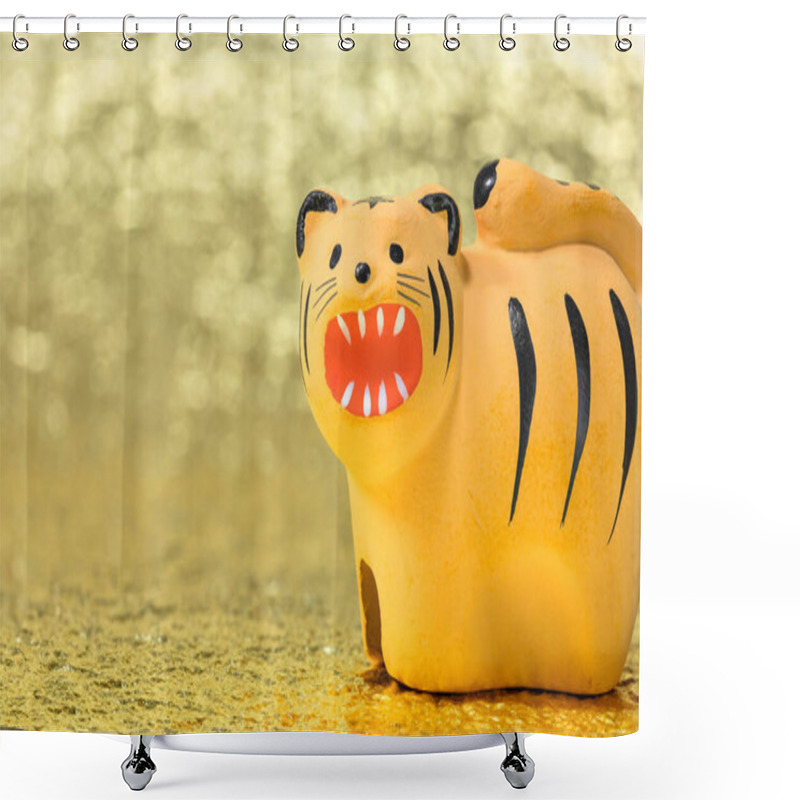 Personality  Japanese New Year's Greeting Card Depicting A Kawaii Zodiac Animal Handmade Figurine Of A Roaring Tiger For The Year 2022 Against A Glittering Gold Background. Shower Curtains